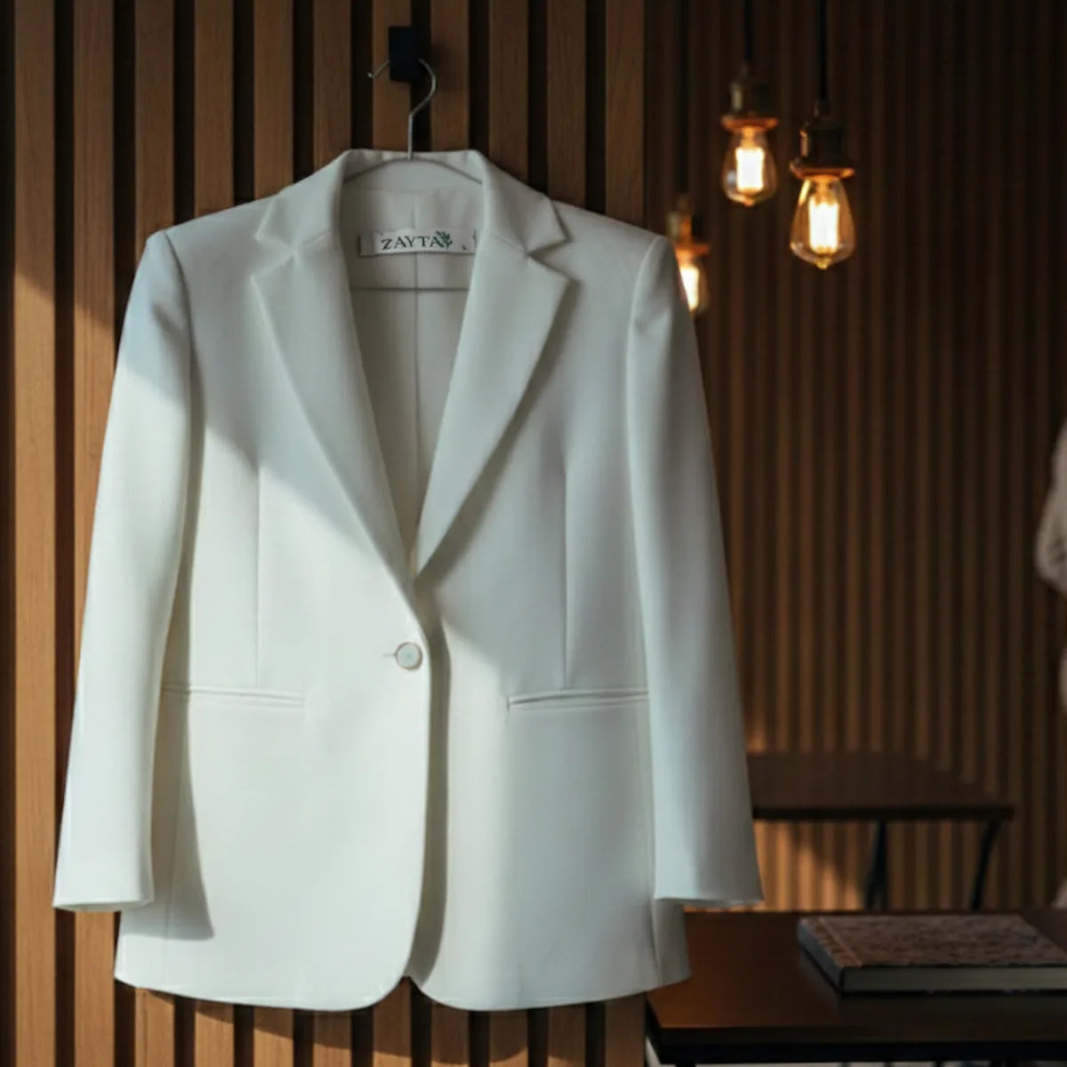 White blazer hanging on a wooden wall with a blurred background