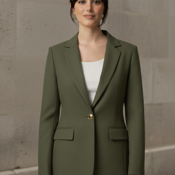Woman wearing an Olive blazer over a white top and blue jeans against a stone wall.