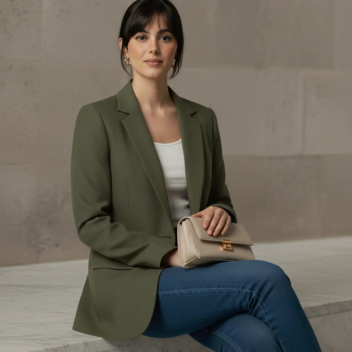 Woman in an olive blazer and blue jeans sitting on a stone ledge.