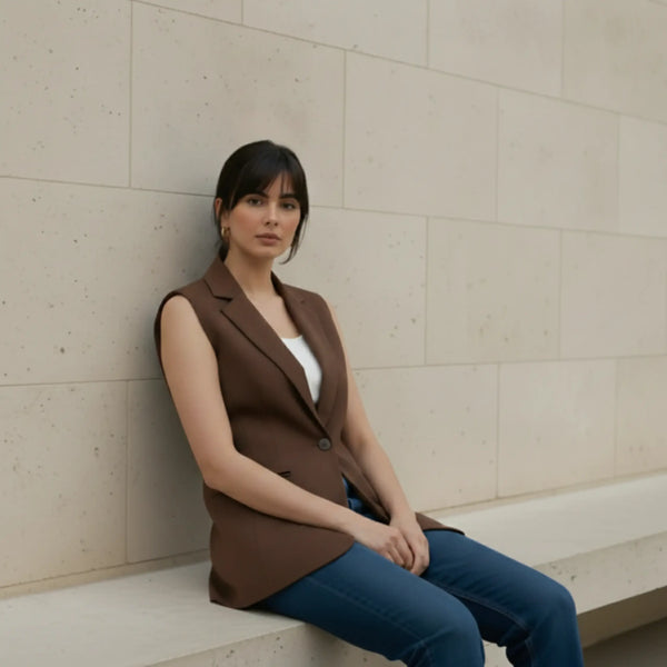 Woman seated against a light stone wall wearing a versatile brown longline sleeveless vest styled with a white top and classic blue denim jeans.