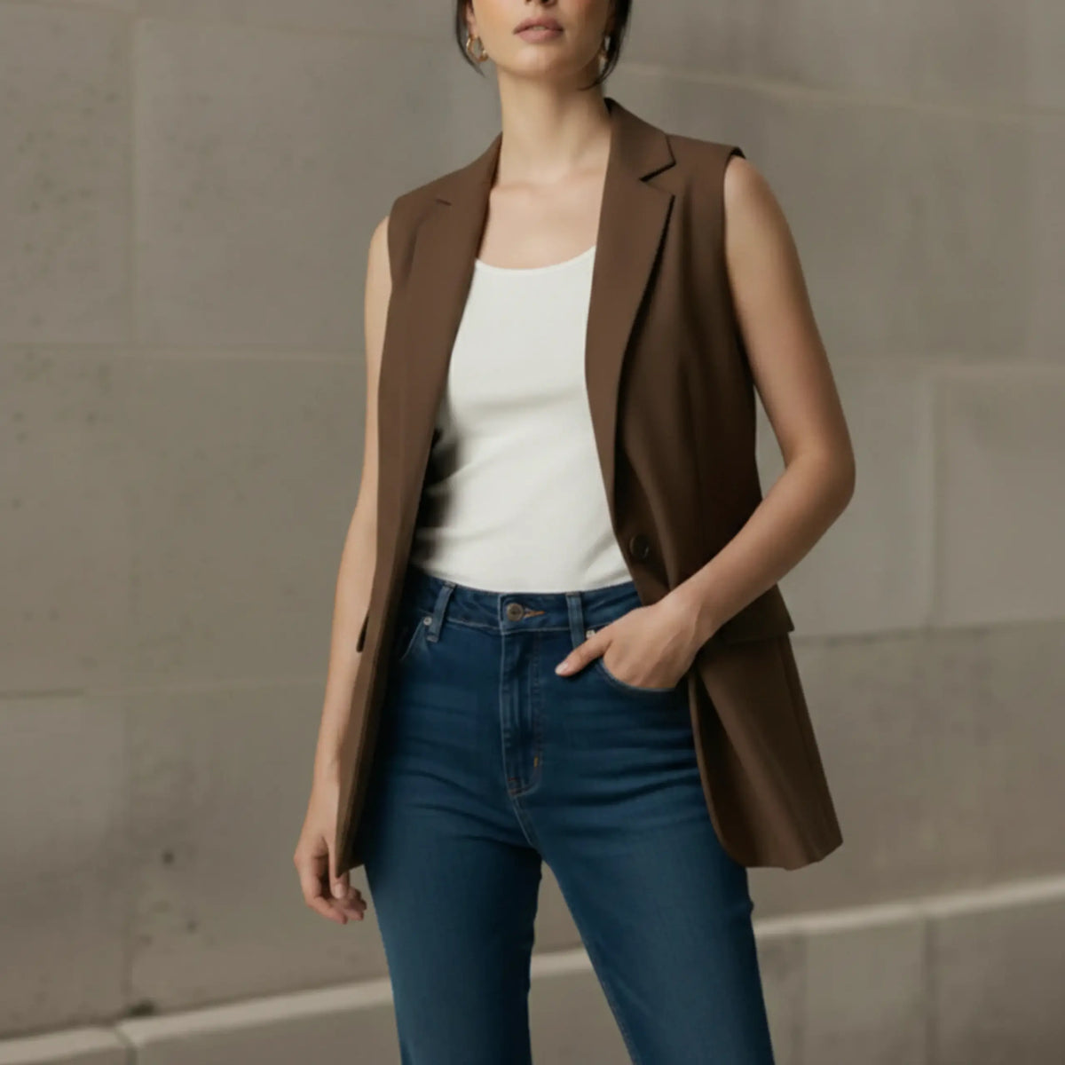 Woman standing casually with one hand in her jeans pocket, wearing a stylish open-front brown sleeveless blazer layered over a white tank top.