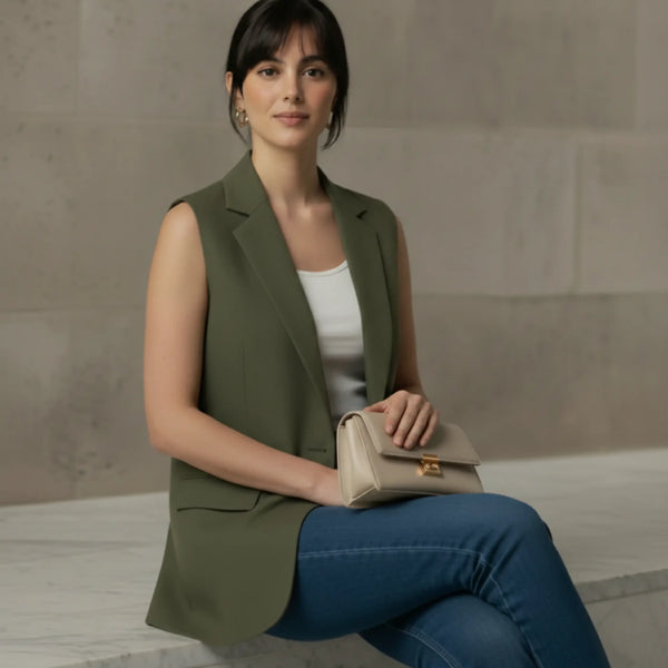 Lifestyle shot of a woman seated elegantly while wearing an open olive green sleeveless blazer, styled casually with blue denim jeans and a beige handbag.