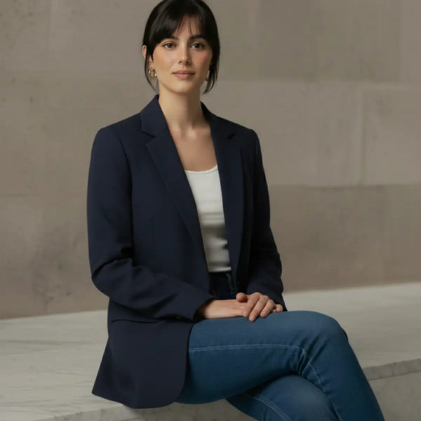 Woman sitting on a stone ledge wearing a navy blazer and blue jeans against a neutral background