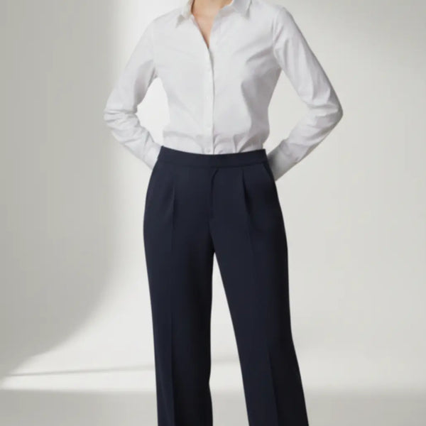 Person wearing a white shirt and navy trouser on a white background