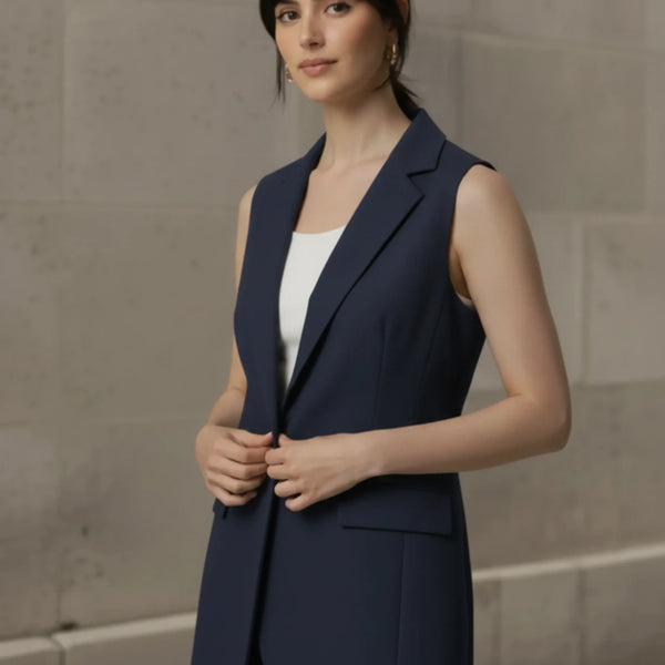 Woman adjusting a navy blue sleeveless blazer vest worn over a white tank top for professional office wear