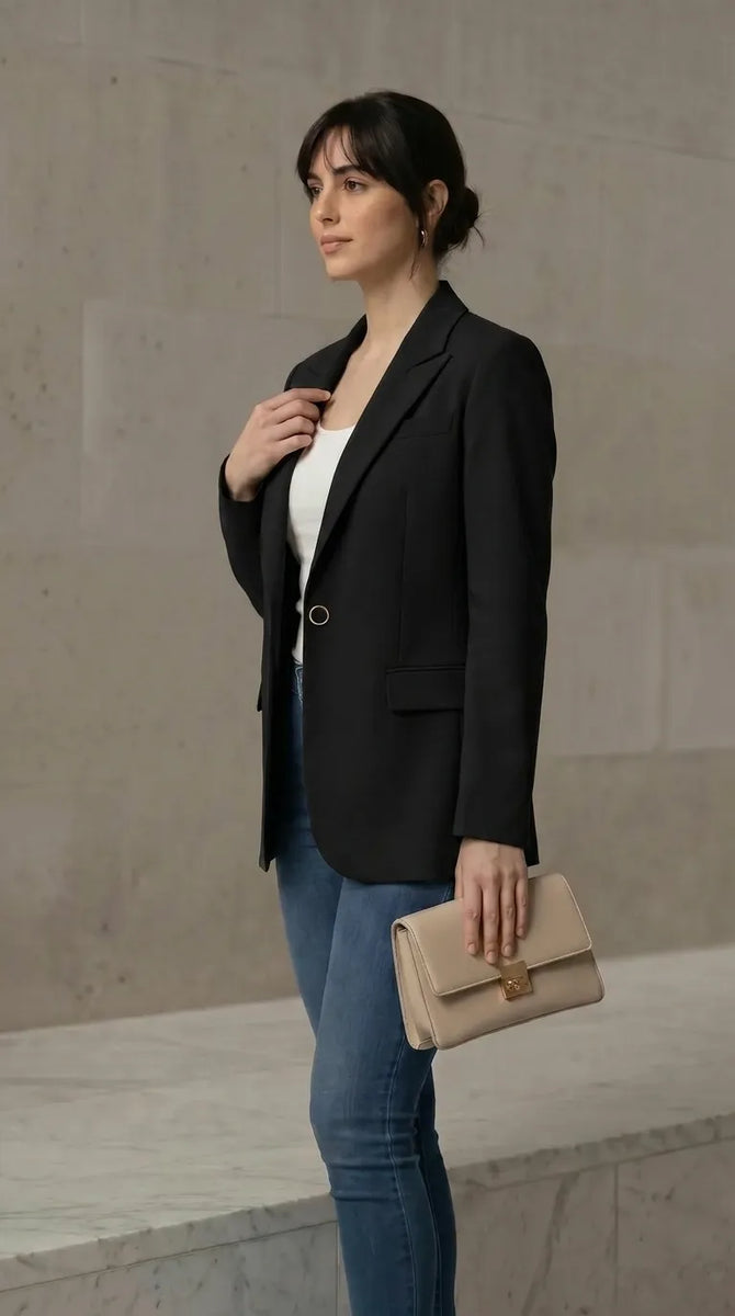 Woman in a black blazer and blue jeans holding a beige clutch against a neutral background