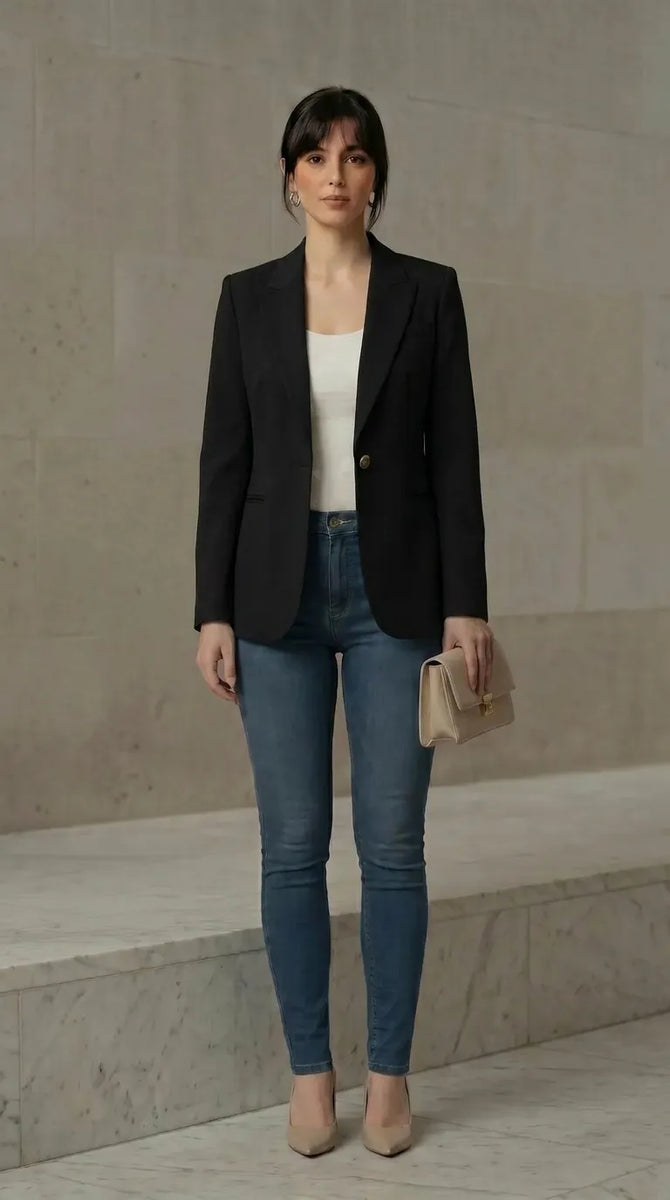 Woman wearing a black blazer, white top, blue jeans, and beige shoes against a neutral background.