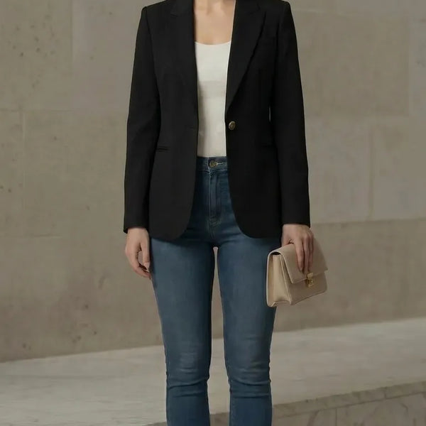 Woman wearing a black blazer, white top, blue jeans, and beige shoes against a neutral background.
