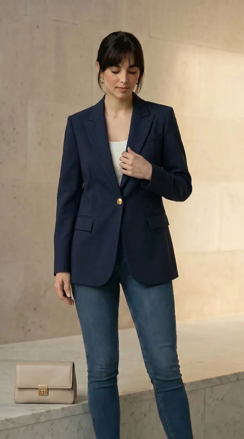 Woman wearing a navy blazer and blue jeans with a beige handbag against a neutral background