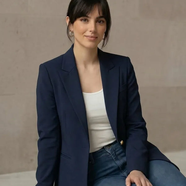 Woman wearing a navy blazer and jeans sitting on a marble ledge.