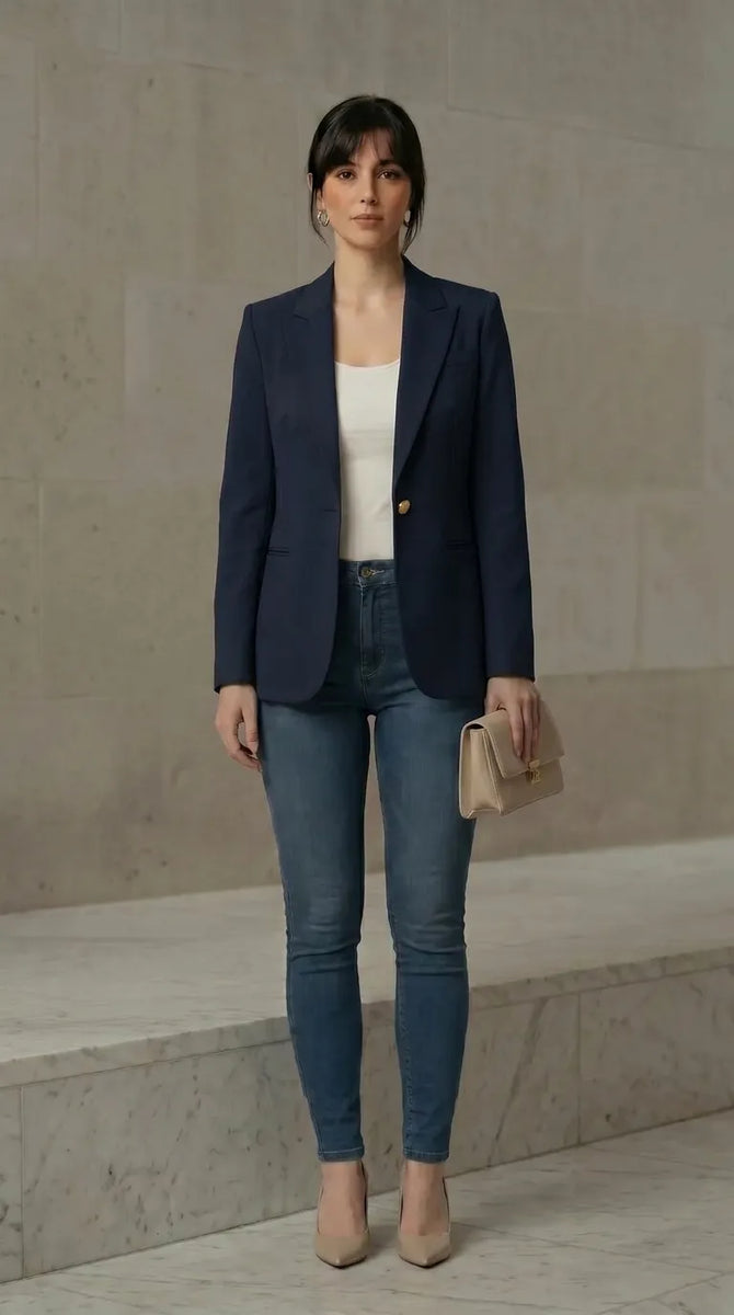 Woman wearing a navy blazer, white top, blue jeans, and beige heels against a neutral wall.