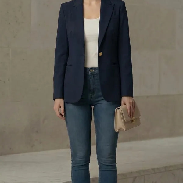 Woman wearing a navy blazer, white top, blue jeans, and beige heels against a neutral wall.