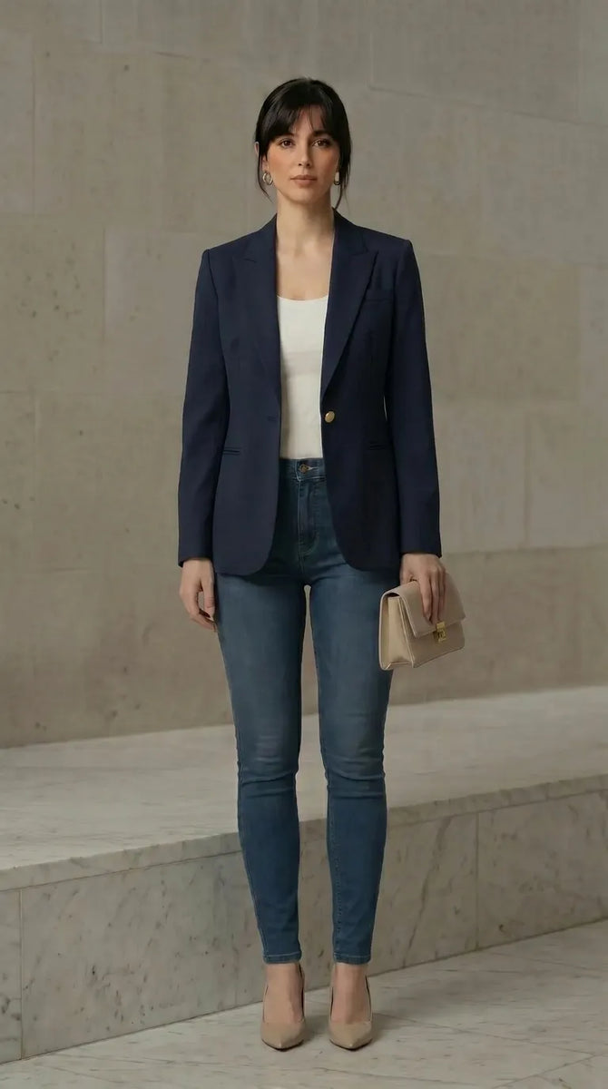 Woman wearing a navy blazer, white top, blue jeans, and beige heels against a neutral background.
