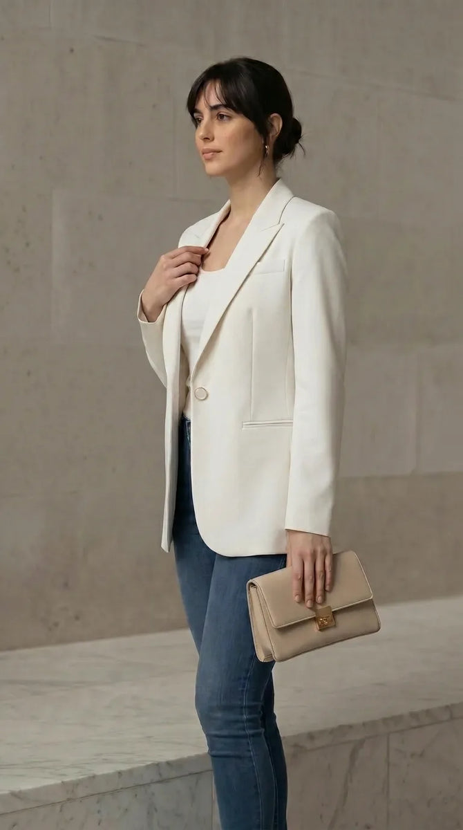 Woman wearing a white blazer and blue jeans, holding a beige clutch against a neutral background