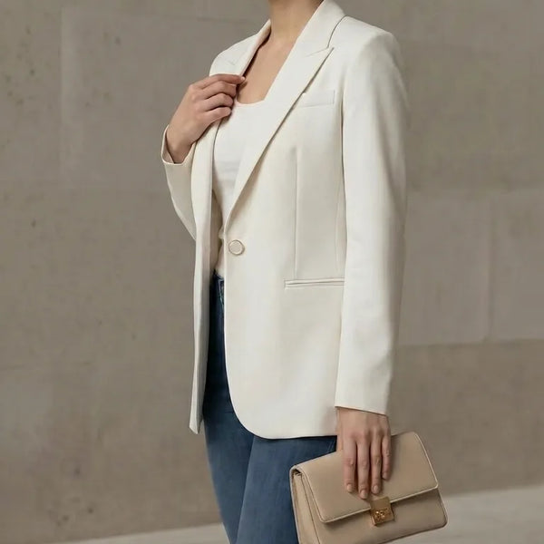 Woman wearing a white blazer and blue jeans, holding a beige clutch against a neutral background