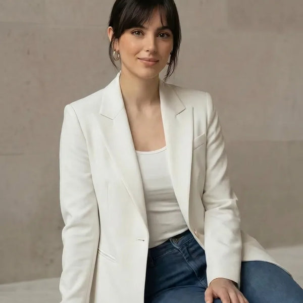 Woman wearing a white blazer and blue jeans sitting on a marble ledge.