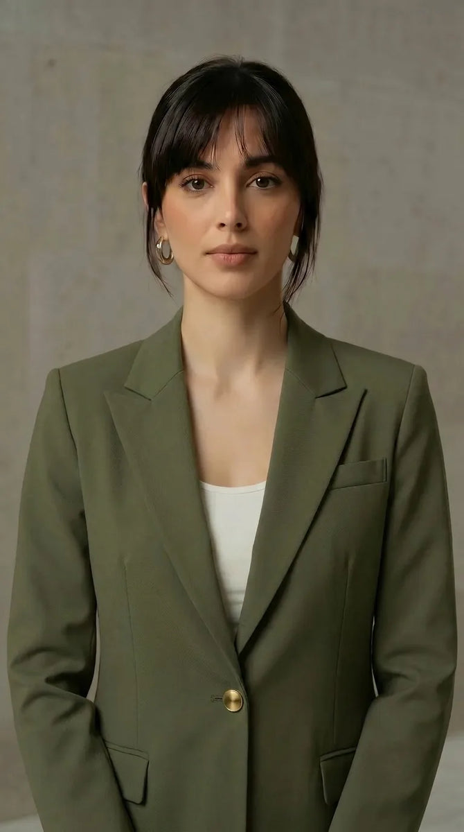 Woman wearing a olive blazer over a white top against a neutral background