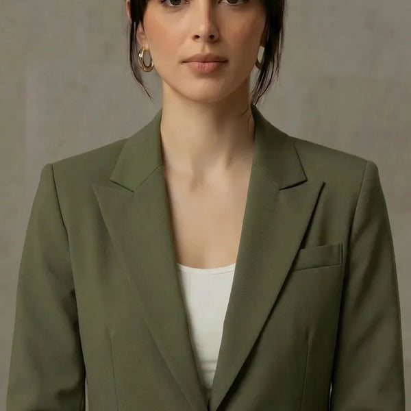 Woman wearing a olive blazer over a white top against a neutral background