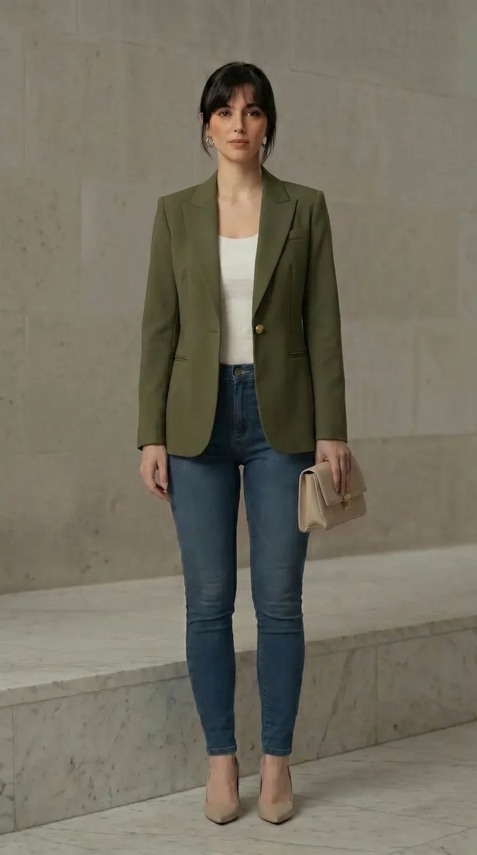 Woman wearing an olive green blazer, white top, blue jeans, and beige heels against a neutral background.