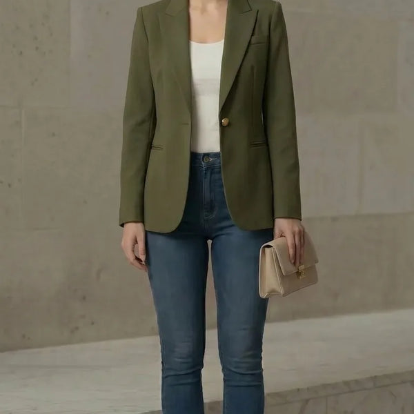 Woman wearing an olive green blazer, white top, blue jeans, and beige heels against a neutral background.