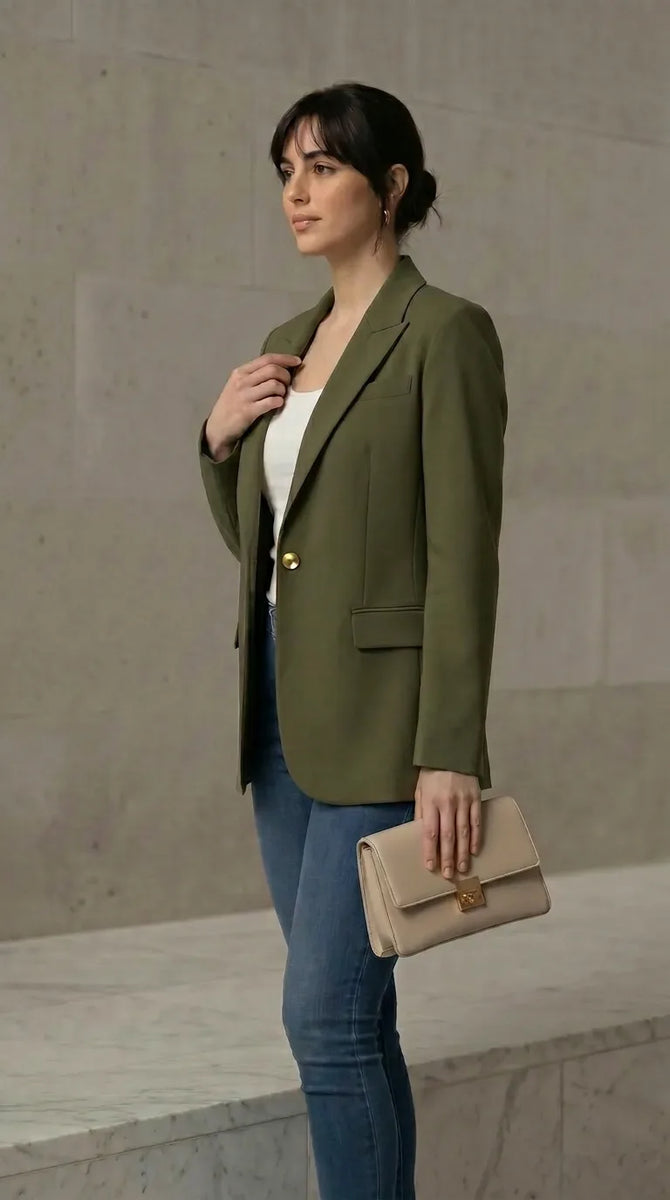 Woman wearing an olive green blazer with a beige clutch against a neutral background