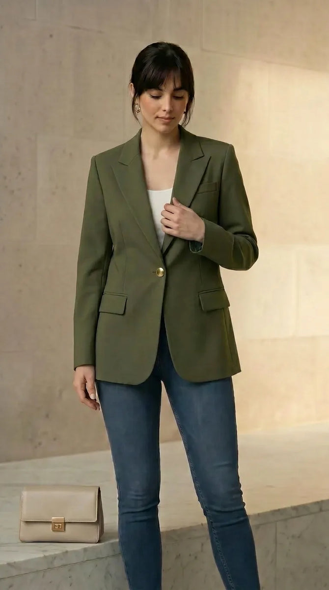 Woman wearing an olive blazer and blue jeans, holding a beige handbag against a neutral background.