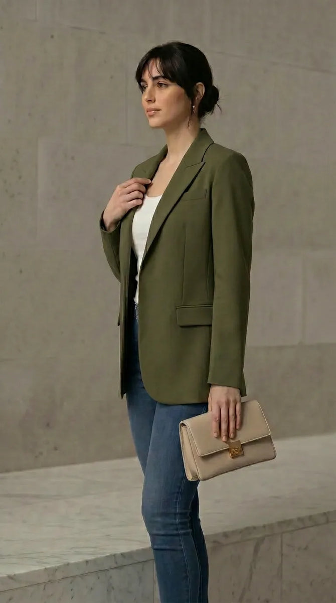 Woman wearing an olive green blazer and blue jeans, holding a beige clutch against a neutral background.