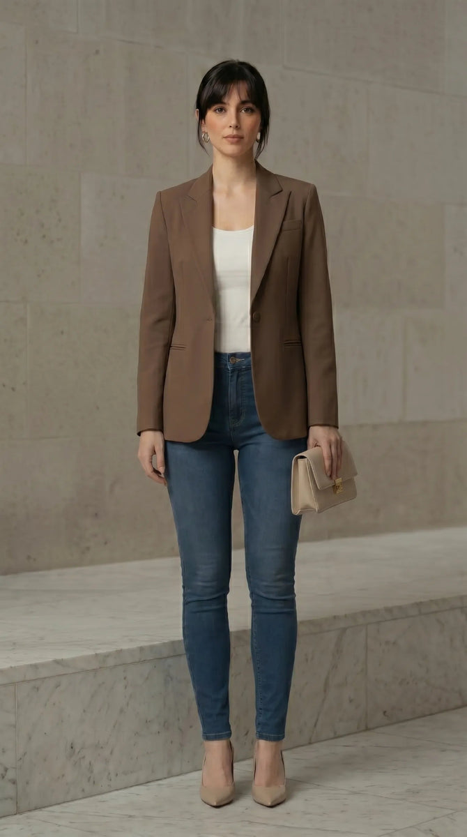 Woman wearing a mocha blazer, white top, blue jeans, and beige shoes against a neutral wall.