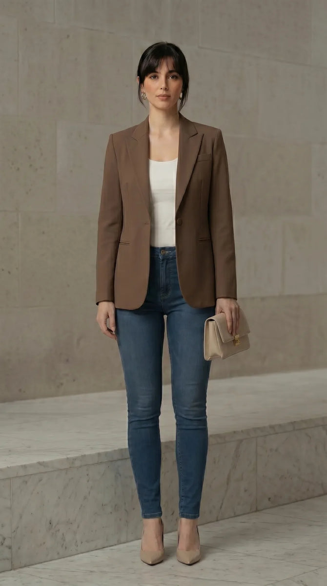 Woman wearing a mocha blazer, white top, blue jeans, and beige shoes against a neutral background.