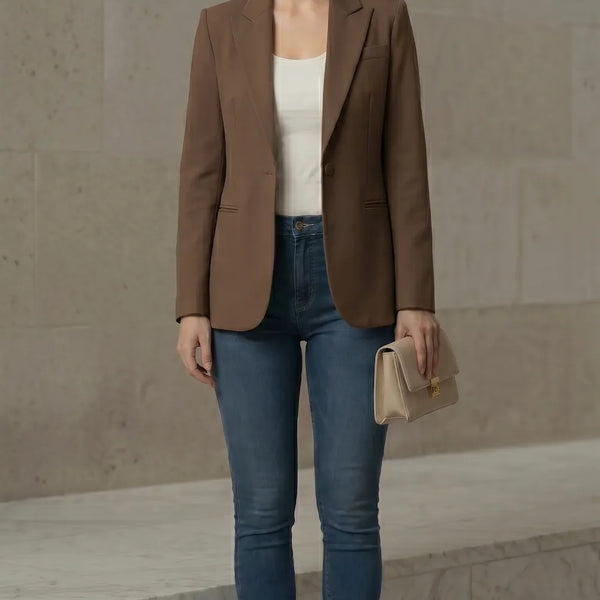 Woman wearing a mocha blazer, white top, blue jeans, and beige shoes against a neutral background.