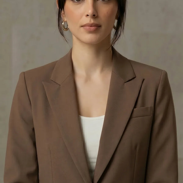 Woman wearing a mocha blazer over a white top against a neutral background
