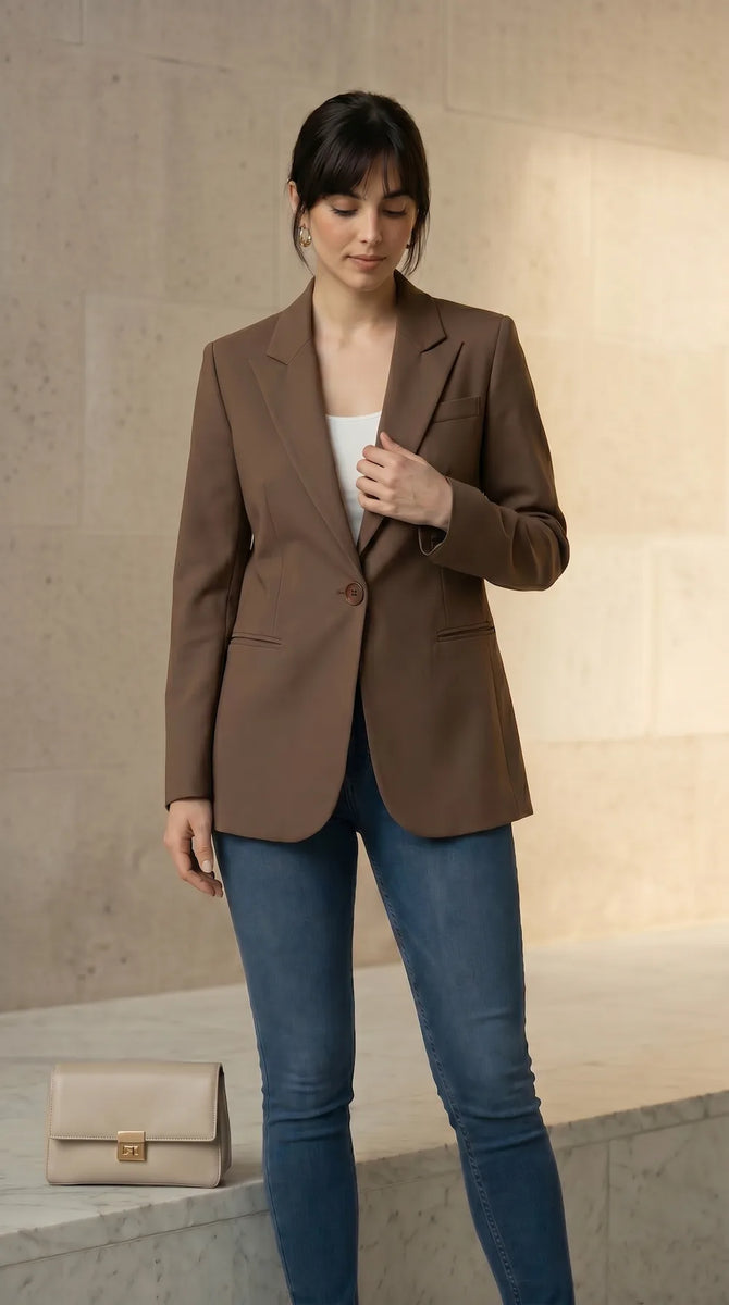 Woman wearing a mocha blazer and blue jeans with a beige handbag on a neutral background