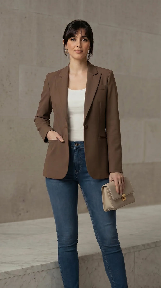 Woman wearing a mocha blazer, white top, blue jeans, and holding a beige handbag against a neutral background.