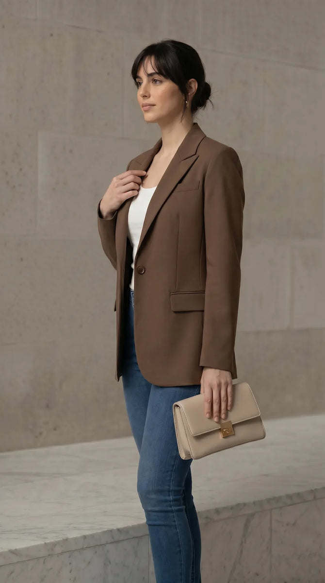 Woman wearing a mocha blazer and blue jeans, holding a beige handbag against a neutral background